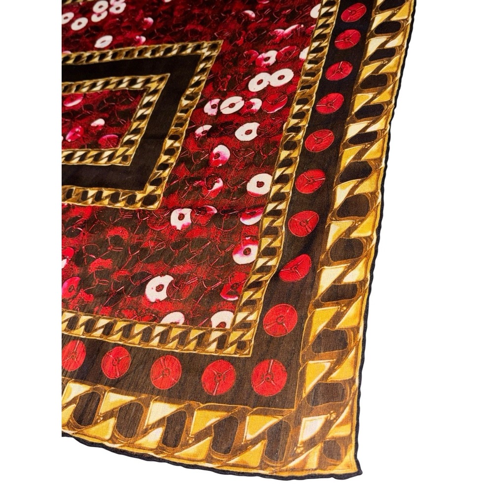Givenchy Paris Logo Silk Scarf 37x37" Italy Brown & Red Gold Chain Pattern - Picture 6 of 9